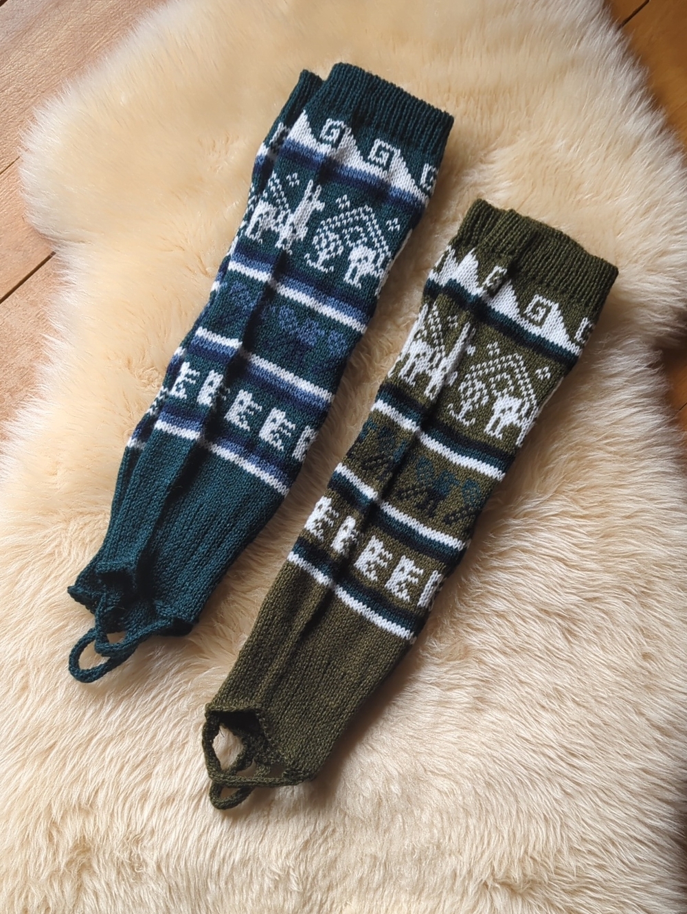 Set Of Two Peru Alpaca Blend Stirrup Leg Warmers in Teal & Olive